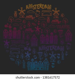 Vector pattern with Holland, Netherlands, Amsterdam icons. Doodle style.