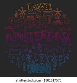 Vector pattern with Holland, Netherlands, Amsterdam icons. Doodle style.