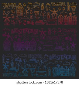 Vector pattern with Holland, Netherlands, Amsterdam icons. Doodle style.