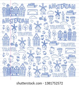 Vector pattern with Holland, Netherlands, Amsterdam icons. Doodle style.