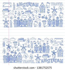 Vector pattern with Holland, Netherlands, Amsterdam icons. Doodle style.