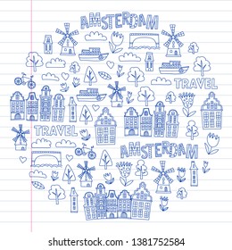 Vector pattern with Holland, Netherlands, Amsterdam icons. Doodle style.