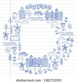 Vector pattern with Holland, Netherlands, Amsterdam icons. Doodle style.