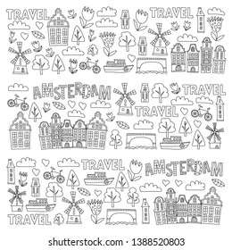 Vector pattern with Holland, Netherlands, Amsterdam icons. Doodle style.