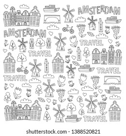 Vector pattern with Holland, Netherlands, Amsterdam icons. Doodle style.