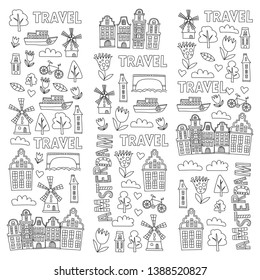 Vector pattern with Holland, Netherlands, Amsterdam icons. Doodle style.