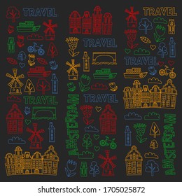Vector pattern with Holland, Netherlands, Amsterdam icons. Doodle style.
