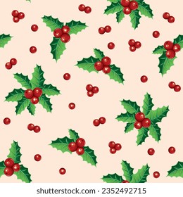 Vector pattern with holly and holly berries. Background for wrapping paper, fabric.