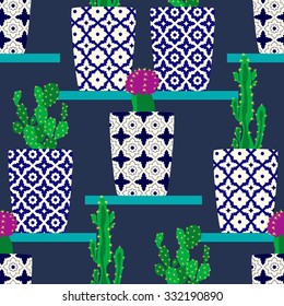 Vector pattern with home  flower cacti. Houseplant  cute cactus flowers in ornamental pots. Hand drawing illustration.
