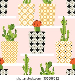 Vector pattern with home  flower cacti. Houseplant  cute cactus flowers in ornamental pots. Hand drawing illustration.
