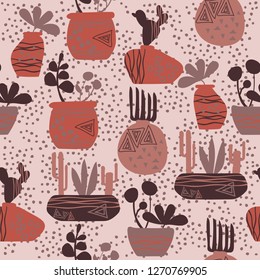 vector pattern home jungle in floral vases and tropical cacti exotic leaves on beige background seamless for use in design, textiles, wrapping paper