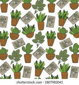 
Vector pattern with home plants, vintage decor. Beautiful flowers in a vase