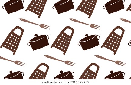 Vector pattern from home utensils. Fork, saucepan, grater. Silhouette, flat, minimalism, stylization, hand drawing. Wallpaper, background, fabric, wrapping paper. Brown on white. Eps10