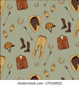 vector pattern - horseback rider equipment, cloth, helmet, horse, boots, gloves. 