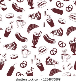 Vector Pattern  with Hot Dog, Pizza, Coffee, Donut, Hamburger and Etc.  