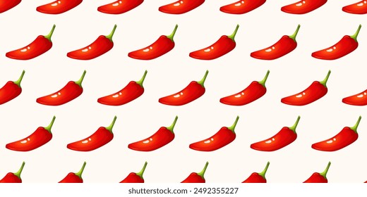 Vector pattern with hot red fresh chili pepper. Spicy Mexican food. Design for grocery, ads, cards, culinary products, seasoning, and recipe website decoration. Thanksgiving day. Harvest festival.