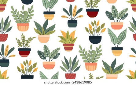 Vector pattern with house plants in various pots on a white background. Texture with flat illustration of plants for wrapping paper, wallpaper. Hobby greenhouse