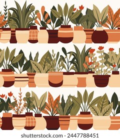 Vector pattern with house plants in various pots on shelves. Texture with horizontal borders with flat plants in vases for wrapping paper, wallpaper. Hobby greenhouse