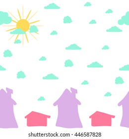 Vector  pattern with house and sky. Seamless background for kids.