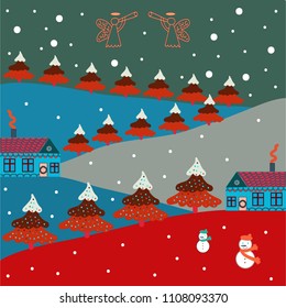 Vector pattern with houses. Picture on green, red and blue colors.