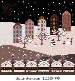 Vector pattern with houses. Picture on black, brown and neutral colors.