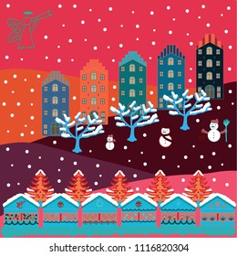 Vector pattern with houses. Picture on pink, blue and brown colors.
