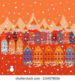 Vector pattern with houses. Picture on orange, beige and red colors.