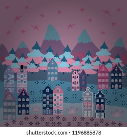 Vector pattern with houses. Picture on neutral, blue and pink colors.