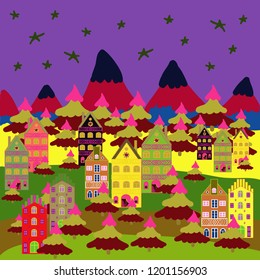 Vector pattern with houses. Picture on violet, yellow and green colors.