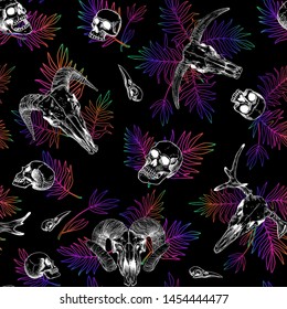 Vector pattern with human and animal skulls and neon palm leaves. Gradient fill and inversion colors, heads of a bull, goat, ram in a tropical style on a black background. Background for Halloween.