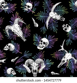 Vector pattern with human and animal skulls and neon palm leaves. Gradient fill, heads of a bull, goat, ram in a tropical style on a black background. Background for Halloween.