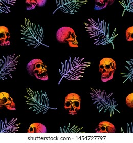 Vector pattern with human skulls and neon palm leaves. Gradient fill, bright trend colors: purple, orange, blue in tropical style on a black background.