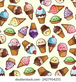Vector pattern with ice cream.Multi-colored fun ice cream on a colored background in a vector pattern.