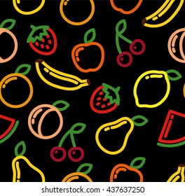 Vector pattern of icon of fruits. Strawberry, lemon, apple, peach, orange, cherry, banana, watermelon. Outline illustration