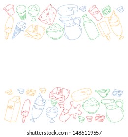 Vector pattern with icons of milk, butter,cottage cheese, sour cream, cheese, yogurt, ice cream, cream. Collection of dairy products.