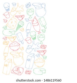 Vector pattern with icons of milk, butter,cottage cheese, sour cream, cheese, yogurt, ice cream, cream. Collection of dairy products.