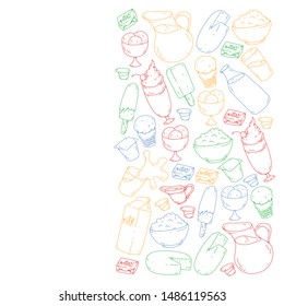 Vector pattern with icons of milk, butter,cottage cheese, sour cream, cheese, yogurt, ice cream, cream. Collection of dairy products.