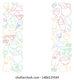 Vector pattern with icons of milk, butter,cottage cheese, sour cream, cheese, yogurt, ice cream, cream. Collection of dairy products.