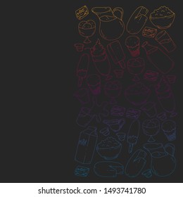 Vector pattern with icons of milk, butter,cottage cheese, sour cream, cheese, yogurt, ice cream, cream. Collection of dairy products.