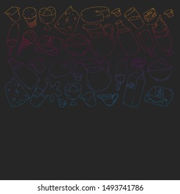 Vector pattern with icons of milk, butter,cottage cheese, sour cream, cheese, yogurt, ice cream, cream. Collection of dairy products.