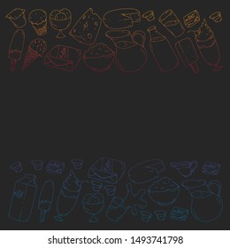 Vector pattern with icons of milk, butter,cottage cheese, sour cream, cheese, yogurt, ice cream, cream. Collection of dairy products.