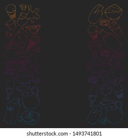 Vector pattern with icons of milk, butter,cottage cheese, sour cream, cheese, yogurt, ice cream, cream. Collection of dairy products.