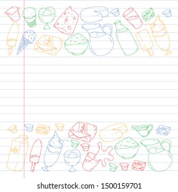 Vector pattern with icons of milk, butter,cottage cheese, sour cream, cheese, yogurt, ice cream, cream. Collection of dairy products.