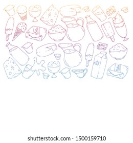 Vector pattern with icons of milk, butter,cottage cheese, sour cream, cheese, yogurt, ice cream, cream. Collection of dairy products.