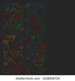 Vector pattern with icons of milk, butter,cottage cheese, sour cream, cheese, yogurt, ice cream, cream. Collection of dairy products.