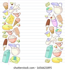 Patrón vectorial con íconos de leche, mantequilla, queso cottage, crema agria, queso, yogur, helado, crema. Recogida de productos lácteos.