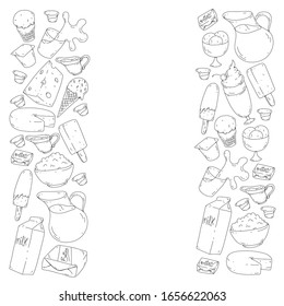 Vector pattern with icons of milk, butter,cottage cheese, sour cream, cheese, yogurt, ice cream, cream. Collection of dairy products.