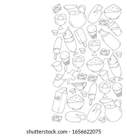 Vector pattern with icons of milk, butter,cottage cheese, sour cream, cheese, yogurt, ice cream, cream. Collection of dairy products.