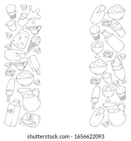 Vector pattern with icons of milk, butter,cottage cheese, sour cream, cheese, yogurt, ice cream, cream. Collection of dairy products.