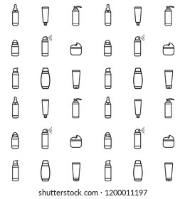 Vector pattern. Icons set of roll-on deodorant, tooth paste, cream, bottle of serum, shampoo, shower gel, liquid soap. Black outline on a white background. Flat style